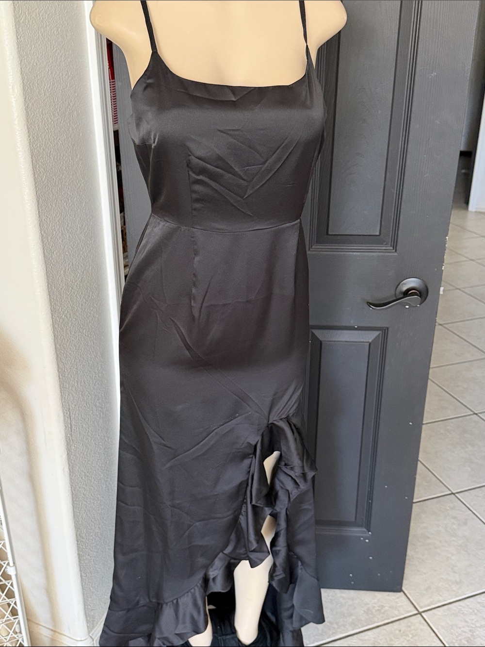 Elegant Black Slip Dress with Ruffle Hem Showpo. Size 8